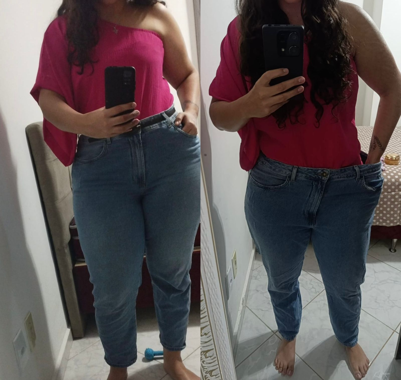 Comparativo antes e depois em fotografia com calça jeans